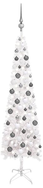 Set brad de Crăciun subțire cu LED-uri&globuri, alb, 150 cm