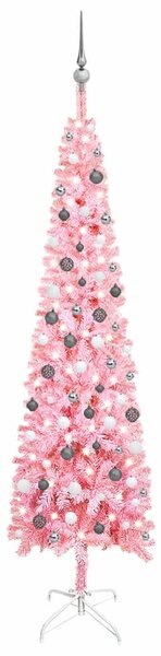 Brad de Crăciun artificial subțire, LED-uri&globuri roz 240 cm