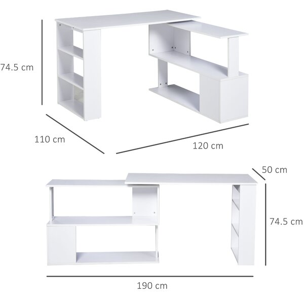 HOMCOM Masă Birou Colt cu 5 Rafturi Spațioase, Design Contemporan, Alb, 120x100x74 cm | Aosom Romania