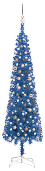 Set pom de Crăciun subțire cu LED-uri/globuri albastru 240 cm