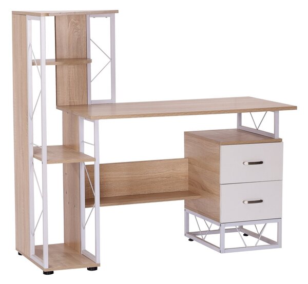 Masa pentru PC, Birou cu Raft lateral, doua sertare, cadru de fier, lemn MDF, alb si lemn 133x55x123cm HOMCOM | Aosom RO