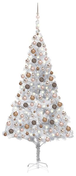 Brad Crăciun pre-iluminat cu set globuri, argintiu, 210 cm, PET