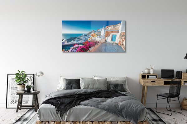 Tablouri pe sticlă Clădiri Grecia flori la mare
