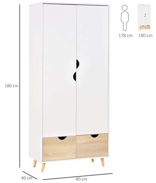 HOMCOM Dulap Multifuncțional Elegant cu Raft, Bară Umerașe și 2 Sertare, Dulap pentru Cameră cu 2 Uși, Alb, 80x40x180cm | Aosom Romania