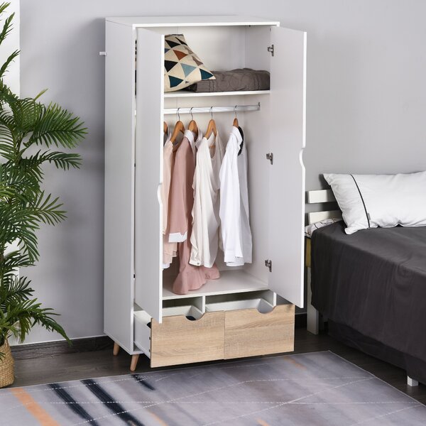 HOMCOM Dulap Multifuncțional Elegant cu Raft, Bară Umerașe și 2 Sertare, Dulap pentru Cameră cu 2 Uși, Alb, 80x40x180cm | Aosom Romania