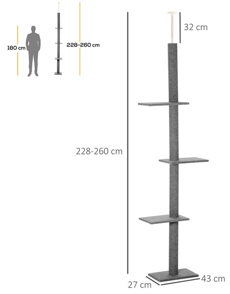PawHut Stâlp de Zgâriat pentru Pisici pe 4 Niveluri și Fixare pe Tavan Reglabil, 43x27x228-260 cm, Gri | Aosom Romania