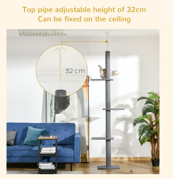 PawHut Stâlp de Zgâriat pentru Pisici pe 4 Niveluri și Fixare pe Tavan Reglabil, 43x27x228-260 cm, Gri | Aosom Romania