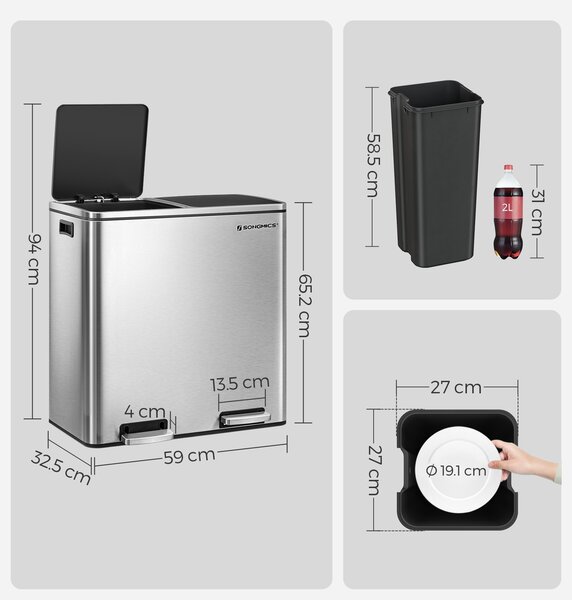 Coș pentru sortarea deșeurilor SORT, 2x30 l + saci de gunoi, argintiu/negru Vasagle