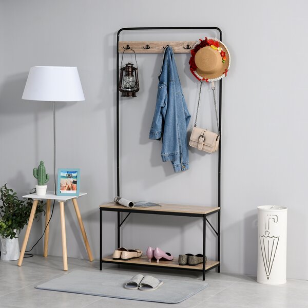 HOMCOM Set Hol cu Cuier, Bancă și Suport pentru Pantofi, Stil Industrial, Mobilier pentru Intrare, Metal și Lemn | Aosom Romania