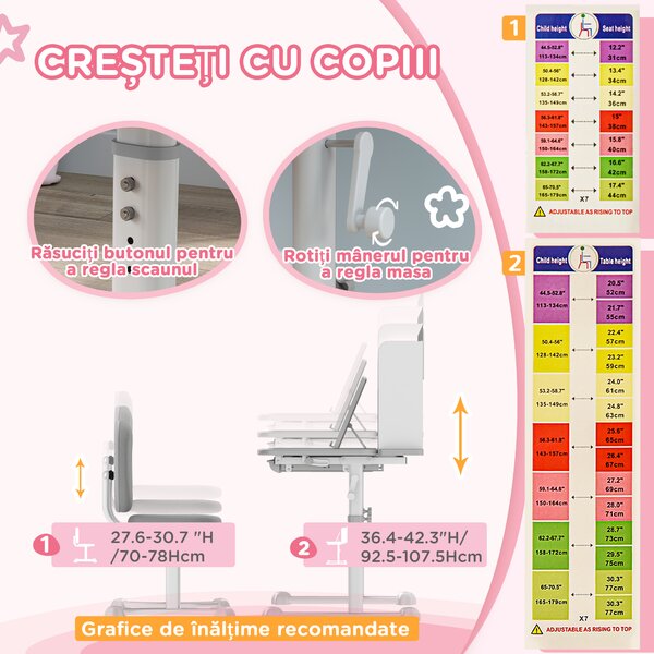 AIYAPLAY Birou Copii 3-12 Ani Reglabile pe Înălțime și Blat Înclinabil la 45°, 80x55x107.5 cm, Gri | Aosom Romania