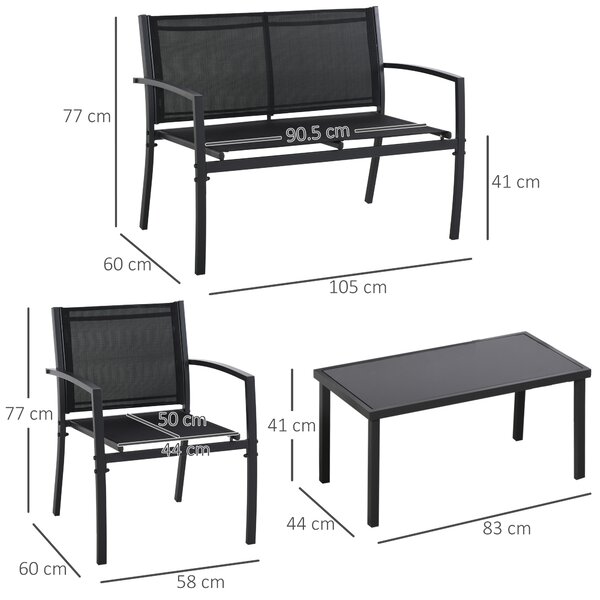 Outsunny Set de Gradina 4 bucati cu Masuta de cafea, 2 Scaune si o Panca in Metal, Negru | Aosom Romania