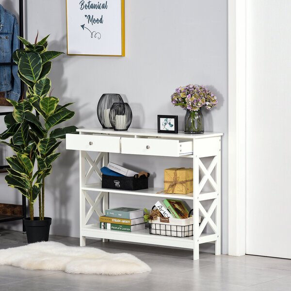 HOMCOM Masă Consolă Alba cu 2 Sertare și Rafturi Reglabile, pentru Intrare și Living, 100x30.5x80 cm | Aosom Romania