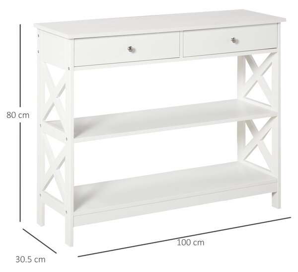 HOMCOM Masă Consolă Alba cu 2 Sertare și Rafturi Reglabile, pentru Intrare și Living, 100x30.5x80 cm | Aosom Romania