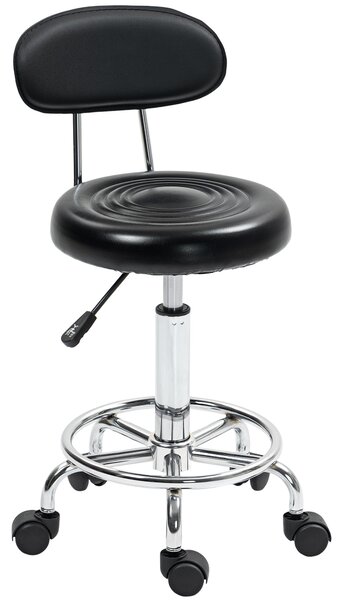 HOMCOM Scaun Rotativ Reglabil la 360°, Scaun Estetician cu Spătar, Roți și Suport pentru Picioare, din Oțel, Piele Sintetică, 32x40x70-86 cm, Negru | Aosom Romania
