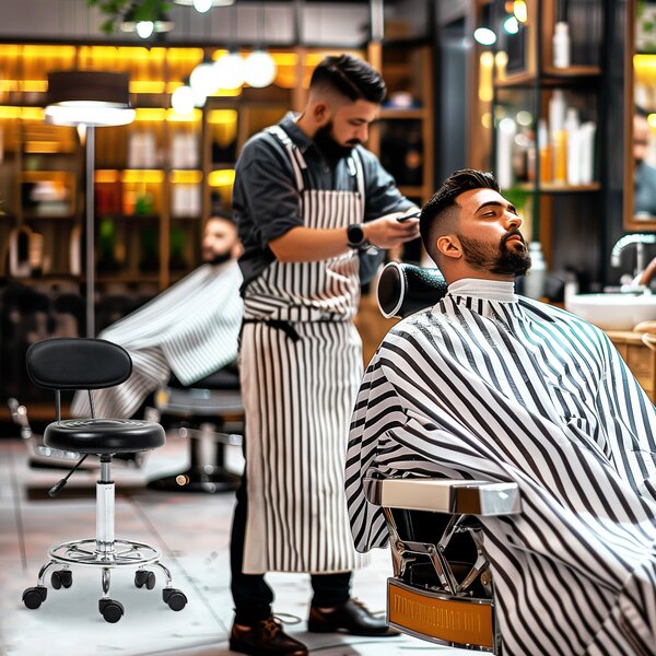 HOMCOM Scaun Rotativ Reglabil la 360°, Scaun Estetician cu Spătar, Roți și Suport pentru Picioare, din Oțel, Piele Sintetică, 32x40x70-86 cm, Negru | Aosom Romania