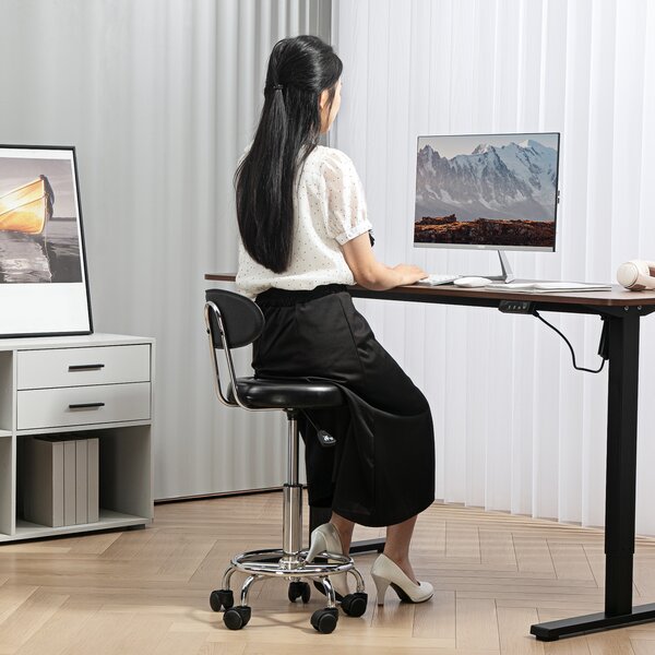 HOMCOM Scaun Rotativ Reglabil la 360°, Scaun Estetician cu Spătar, Roți și Suport pentru Picioare, din Oțel, Piele Sintetică, 32x40x70-86 cm, Negru | Aosom Romania