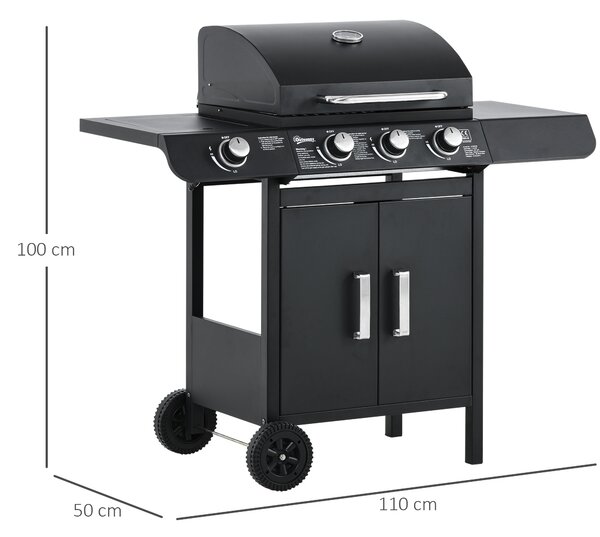 Gratar pe gaz Outsunny cu Capac si Termometru 110x50x100cm Negru | Aosom Romania