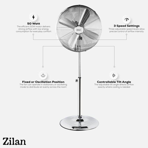 Ventilator inox cu picior ZILAN ZLN1112 - 50W, 3 trepte, inaltime 88-120cm