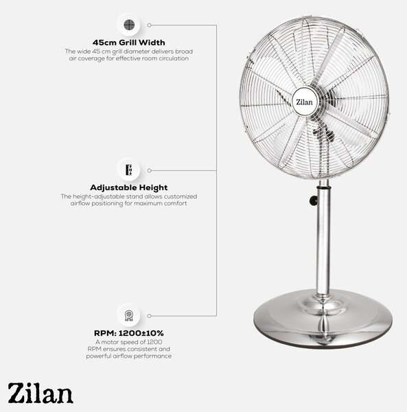 Ventilator inox cu picior ZILAN ZLN1112 - 50W, 3 trepte, inaltime 88-120cm