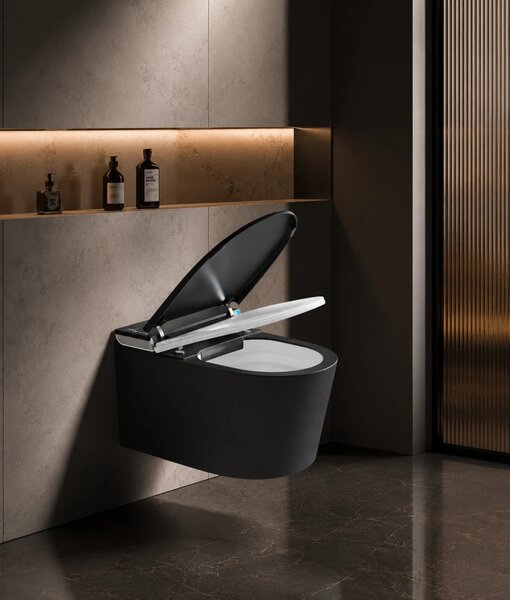 Smart WC 301 – Vas de Toaletă Inteligent cu Bideu, Sterilizare UV, Deschidere/Închidere automată, Senzor picior, Control inteligent al Temperaturii, Uscare aer cald, Iluminare de noapte, Afișaj LED, Telecomandă, Ceramică, Negru