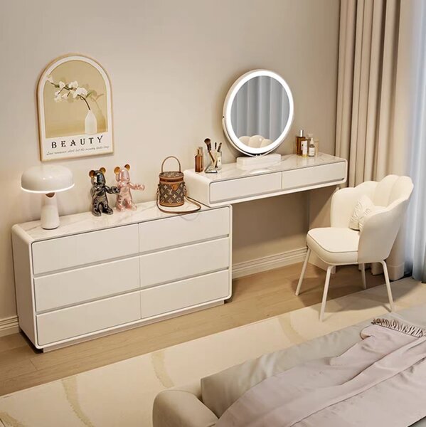 Set AUDREY ELEGANCE – Set Masă de toaletă pentru machiaj cu Oglindă iluminată LED, Control Touch, Comodă, Scaun, Alb