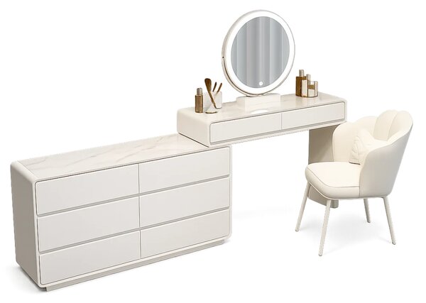 Set AUDREY ELEGANCE – Set Masă de toaletă pentru machiaj cu Oglindă iluminată LED, Control Touch, Comodă, Scaun, Alb