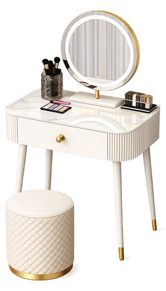 Set VICTORIA GLAM – Set Masă de Machiaj cu Oglindă LED și Taburet, Accente Aurii și Blat cu efect marmură, Alb