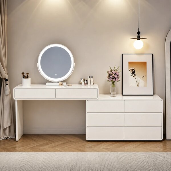 Set AUDREY ELEGANCE – Set Masă de toaletă pentru machiaj cu Oglindă iluminată LED, Control Touch, Comodă, Scaun, Alb