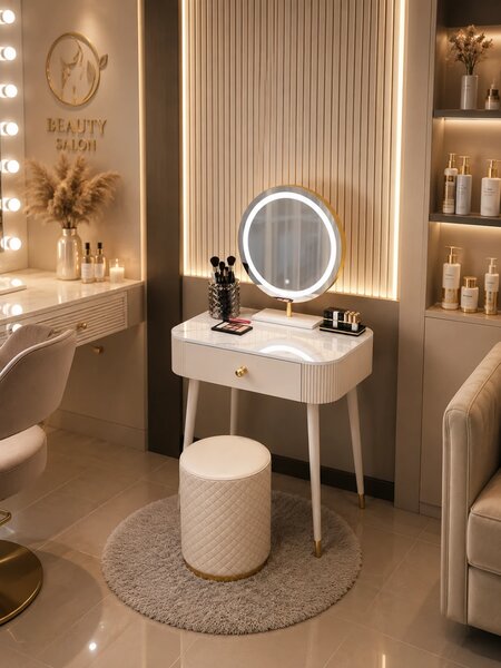 Set VICTORIA GLAM – Set Masă de Machiaj cu Oglindă LED și Taburet, Accente Aurii și Blat cu efect marmură, Alb