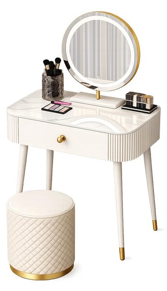 Set VICTORIA GLAM – Set Masă de Machiaj cu Oglindă LED și Taburet, Accente Aurii și Blat cu efect marmură, Alb