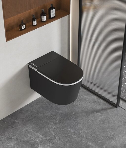 Smart WC 301 – Vas de Toaletă Inteligent cu Bideu, Sterilizare UV, Deschidere/Închidere automată, Senzor picior, Control inteligent al Temperaturii, Uscare aer cald, Iluminare de noapte, Afișaj LED, Telecomandă, Ceramică, Negru