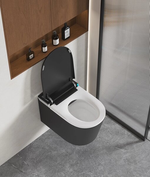 Smart WC 301 – Vas de Toaletă Inteligent cu Bideu, Sterilizare UV, Deschidere/Închidere automată, Senzor picior, Control inteligent al Temperaturii, Uscare aer cald, Iluminare de noapte, Afișaj LED, Telecomandă, Ceramică, Negru