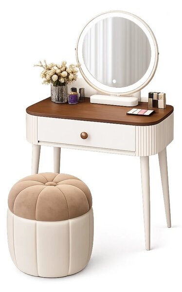 Set LUMIÈRE – Masă de Machiaj cu Oglindă iluminată LED, Control Touch, Taburet, Alb, 60x40x77 cm