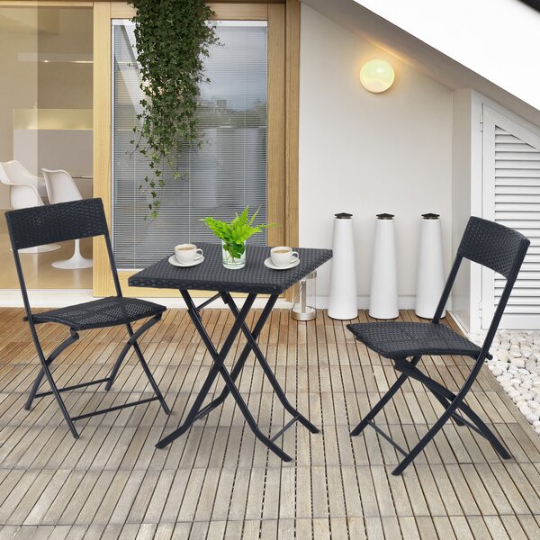 Outsunny Set Mobilier de Grădină din Poly Ratan, 3 Piese, Masă și 2 Scaune Pliabile, Rezistent la Apă și UV, Negru | Aosom Romania