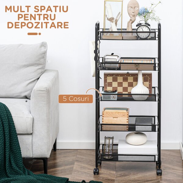 HOMCOM Cărucior de Bucătărie cu 5 Niveluri și Coșuri din Plasă, Soluție de Depozitare pentru Sufragerie, Design Modern | Aosom Romania