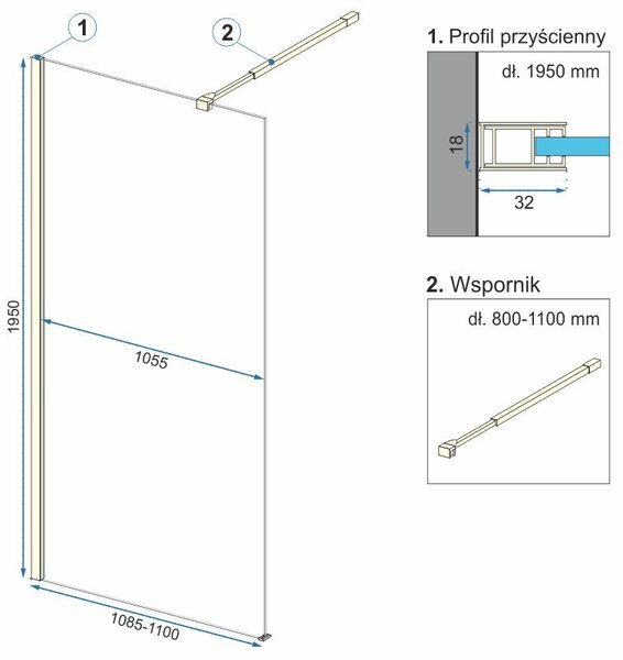 Rea Aero Ombre, paravan de duș walk-in 110x195 cm, sticlă transparentă de 8 mm cu model alb, profil auriu mat, REA-K2465