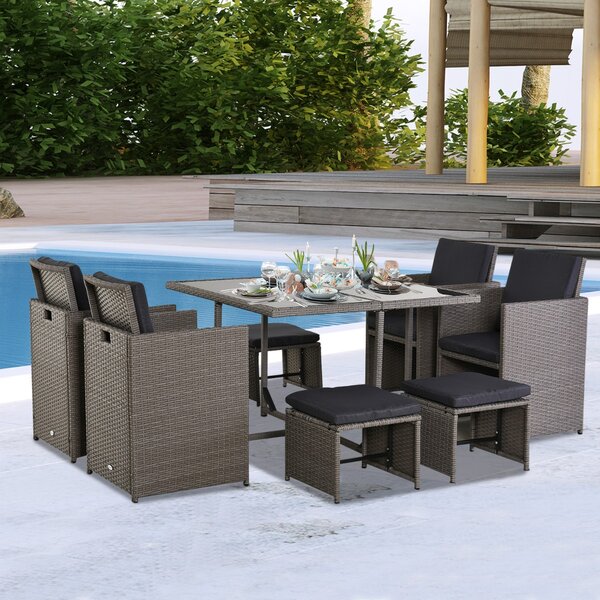 Outsunny Set Mobilier Grădină Extern Ratan 9 Piese, Masă, 4 Scaune, 4 Taburete, Maro | Aosom Romania