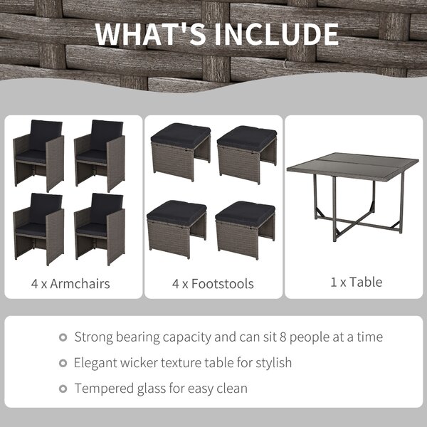 Outsunny Set Mobilier Grădină Extern Ratan 9 Piese, Masă, 4 Scaune, 4 Taburete, Maro | Aosom Romania