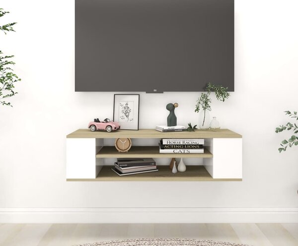 Dulap TV suspendat, alb și stejar Sonoma, 100x30x26,5 cm, PAL