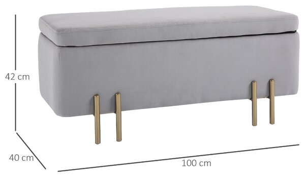 HOMCOM Bancă de Depozitare cu Șezut Tapițat și Picioare Lăcuite Aurii, 100x40x42 cm, Gri | Aosom Romania