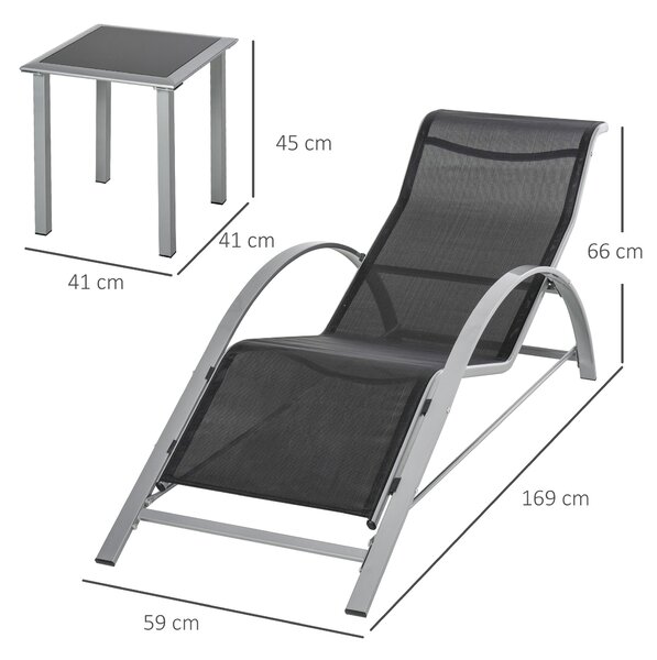 Outsunny Set Mobilier de Grădină: 2 Sezlonguri Pliabile și 1 Măsuță cu Raft din Sticla, Negru, Design Modern | Aosom Romania
