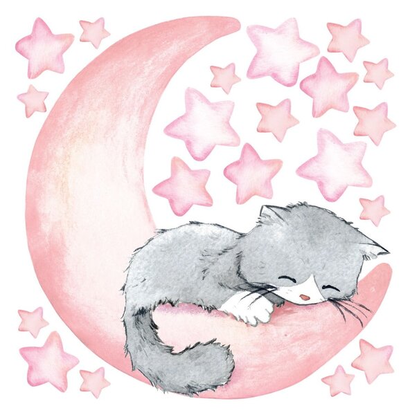 Autocolante de perete pentru camera copiilor Ambiance Magic Cat, roz