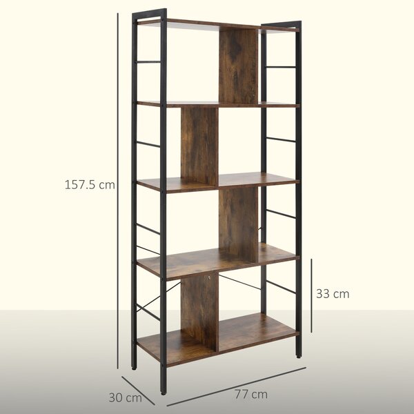 HOMCOM Bibliotecă cu 5 Rafturi, Compartimente Deschise, 77 x 30 x 157,5 cm, Maro Rustic și Negru | Aosom Romania