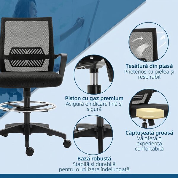 Vinsetto Scaun de Birou Reglabil pe Înălțime cu Suport pentru Picioare, Negru | Aosom Romania