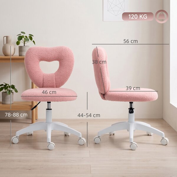 HOMCOM Scaun de Birou Rotativ cu Spătar în Formă de Inimă, Înălțime Reglabilă, Țesătură Teddy, 45x56x78-88 cm, Roz | Aosom Romania
