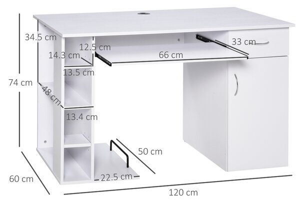 HOMCOM Birou pentru PC, Ergonomic, cu Rafturi, Dulap, Sertar și Suport pentru Tastatură Extensibilă, 120x60x74 cm, Alb | Aosom Romania