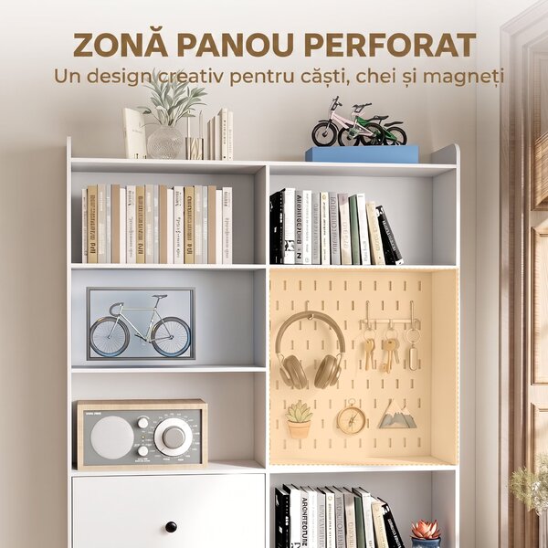 HOMCOM Bibliotecă Dublă cu 6 Niveluri, Sertare și Panou Perforat, Alb | Aosom Romania