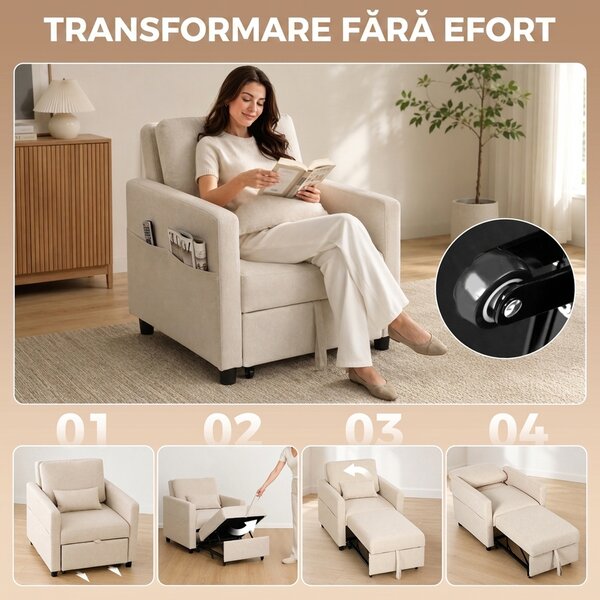 HOMCOM Fotoliu Extensibil 3 în 1 Pliabil cu Spătar Reglabil, Material cu Aspect de In, 78 x 94,5 x 83 cm, Alb Crem | Aosom Romania