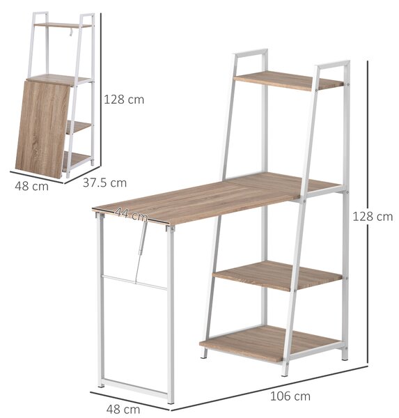 HOMCOM Birou cu Bibliotecă Integrată 3 Rafturi și Blat Pliabil Design Modern din Lemn și Metal pentru Acasă și Birou | Aosom Romania