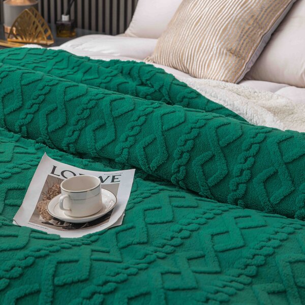 Patura cu blanita, model tricotat 200 x 230 cm, verde inchis